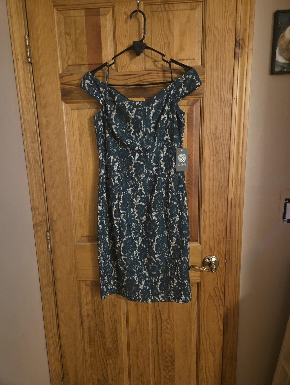 Vince Camuto Off-Shoulder Lace Overlay Dress in Teal